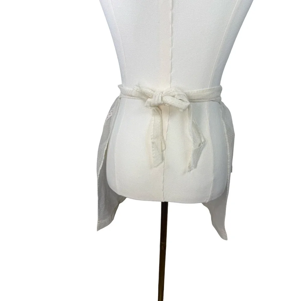 VTG Sheer White Swiss Dot Half Apron Pink Floral Rosette Lace Trim Pockets